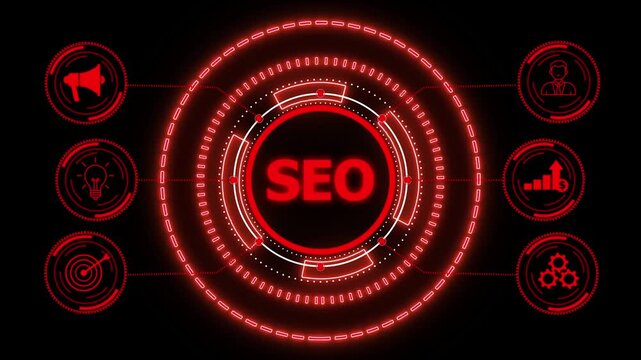 SEO Search engine optimization marketing ranking. glowing HUD visuals and icons for marketing, innovation, targeting, growth, user data, and automation.