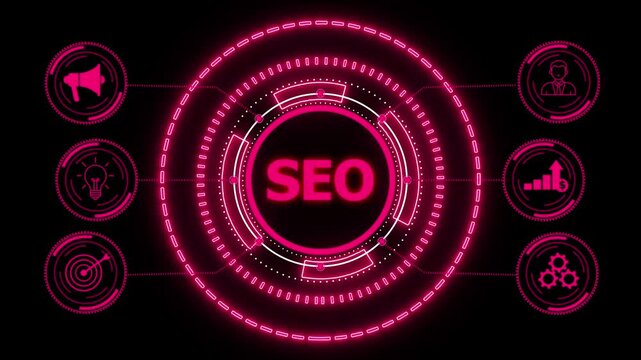 SEO Search engine optimization marketing ranking. glowing HUD visuals and icons for marketing, innovation, targeting, growth, user data, and automation.