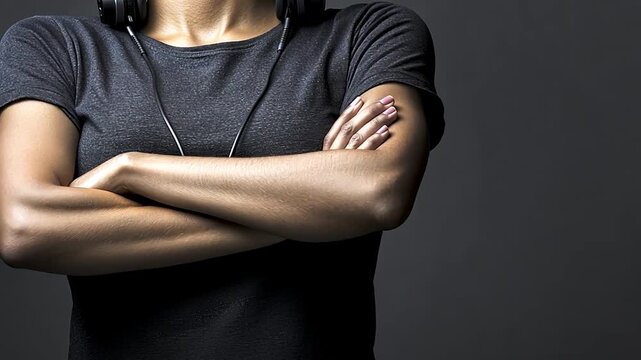 Person with arms crossed, wearing headphones