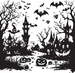 Spooky Halloween vector illustration set with pumpkins, bats, ghosts, and a haunted castle background under an autumn moonlit night