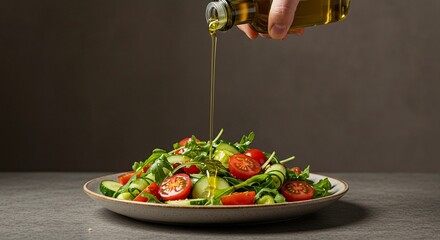 A hand pouring golden olive oil in a ring shape over a salad plate