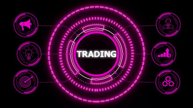 TRADING, new business concept. Business, Technology, glowing HUD visuals and icons for marketing, innovation, targeting, growth, user data, and automation.