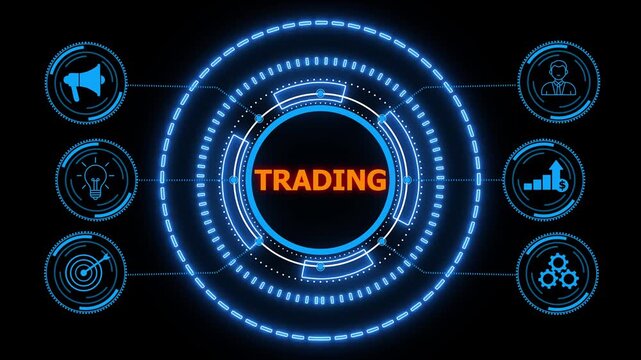 TRADING, new business concept. Business, Technology, glowing HUD visuals and icons for marketing, innovation, targeting, growth, 