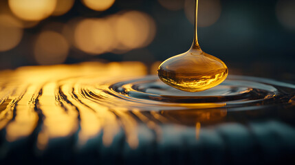 A golden liquid droplet falling into a pool of rippling liquid.