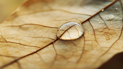 A single water droplet rests on a textured brown leaf.
