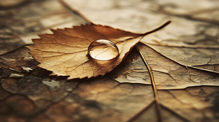 A single water droplet rests on a dried leaf in a natural setting.