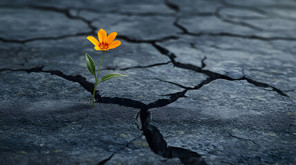 A small yellow flower blooms from a crack in cracked dark pavement.