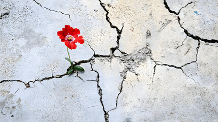 A vibrant red flower blooms from cracked concrete a symbol of resilience.