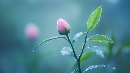 Pink flower bud and green leaves against a blurred background. Nature scene.