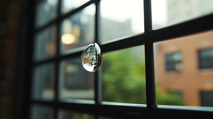 A water droplet hangs on a window with a blurred city background.