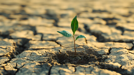 A small green plant sprouts from cracked dry earth in a natural setting.