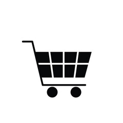 Shopping cart icon. E-commerce and promo. Hand basket with wheels. End of year, sale, buy. Flat design style.