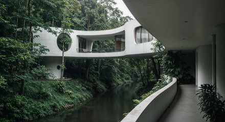 eco friendly hotel among shady forests and river . Generative AI