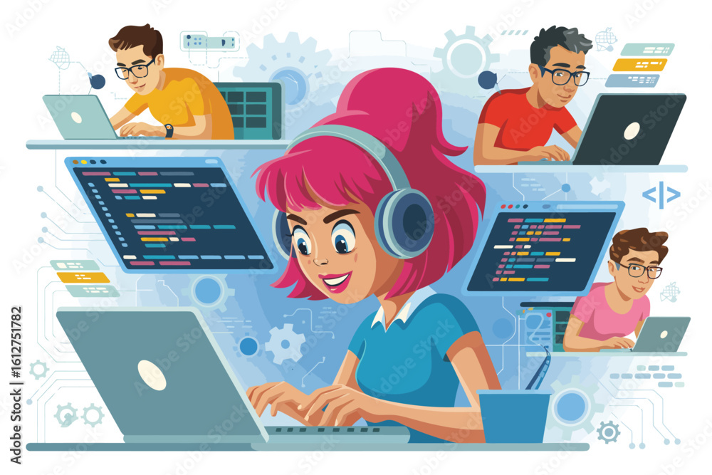 Wall mural illustration of female coder with pink hair and other coders working on laptops and code screens
