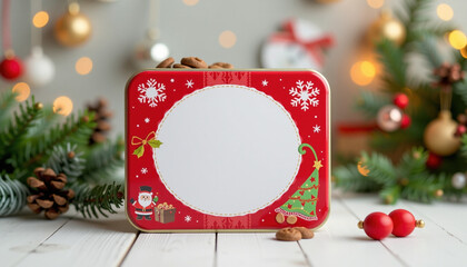 Festive pet food tin mockup featuring blank label, adorned with Christmas decorations like Santa, tree, and snowflakes, perfect for holiday