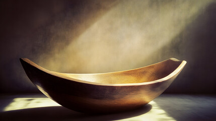 A wooden bowl sits in a room illuminated by a beam of light.