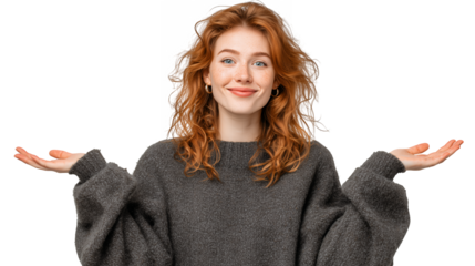 Portrait Of A Young Woman With Curly Hair Wearing A Gray Sweater, Shrugging With Open Palms Against A Transparent Background