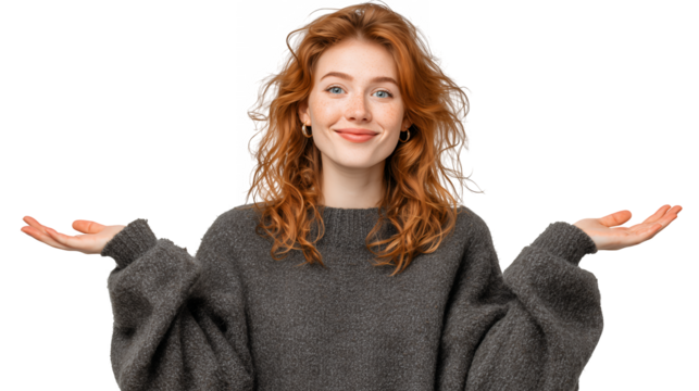 Portrait Of A Young Woman With Curly Hair Wearing A Gray Sweater, Shrugging With Open Palms Against A Transparent Background