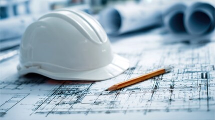 A white hard hat rests on top of detailed architectural blueprints alongside a sharpened pencil.