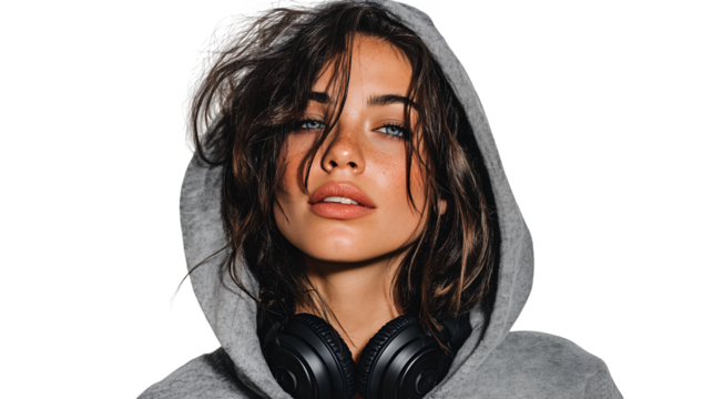 Portrait Of A Young Woman With Damp Hair Wearing A Gray Sweatshirt And Headphones isolated on a Transparent Background