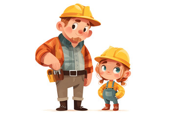 Two construction workers, adult and child, celebrating Labor Day.