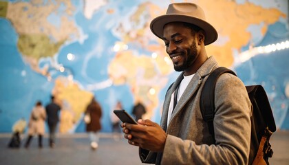 Smiling man with backpack uses phone, world map backdrop
