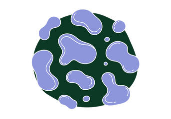 An abstract organic shape with purple blobs on a dark green background, isolated on white