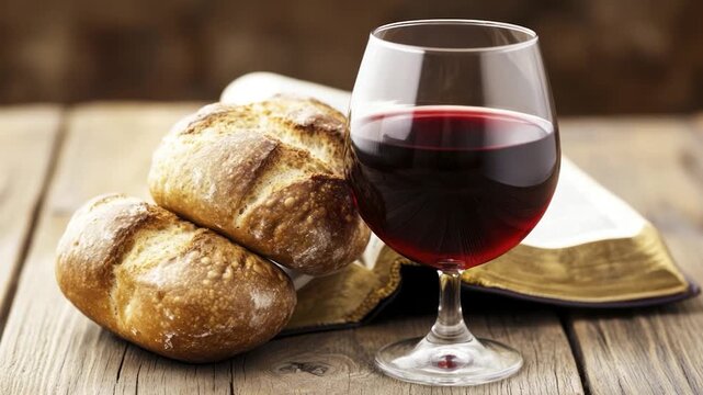Bread, wine, and a book on a rustic wooden surface