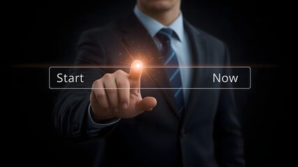 Businessman initiating data transfer or system process, indicated by a glowing orange loading progress bar on a futuristic interface. 
