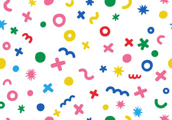 A vibrant scattering of colorful abstract shapes and confetti on a white background