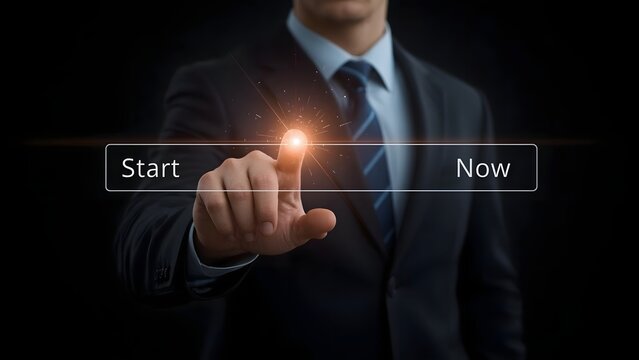 Businessman initiating data transfer or system process, indicated by a glowing orange loading progress bar on a futuristic interface. 
 - Powered by Adobe