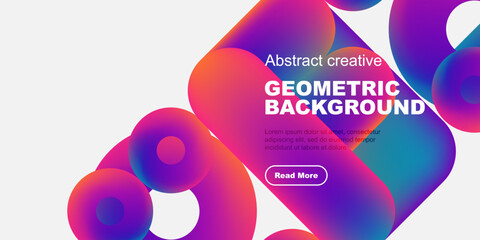 Vibrant fluid shapes overlap black background. Modern design features colorful gradients, text, button. Abstract composition creates dynamic visual impact.