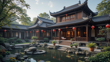Traditional Chinese courtyard house with red lanterns, garden pond, cultural serenity
