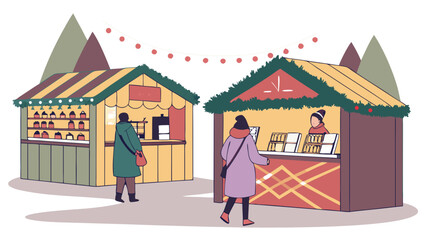 Charming Flat-Style Illustration of a Festive Christmas Market with Wooden Stalls, Shoppers, and Holiday Decorations