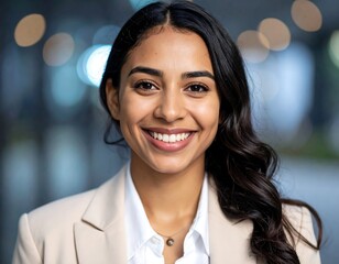Smiling woman in business attire, close-up portrait