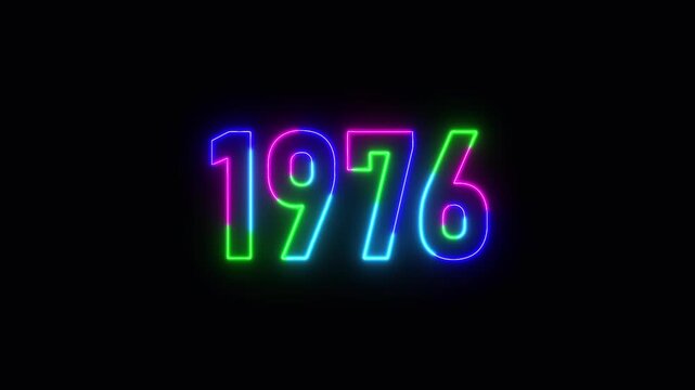  1976 neon line text. Abstract 1976 neon text animation ,For neon color Glowing neon number text background 4k video animation .Digital font against a dark background with neon line looping animation.