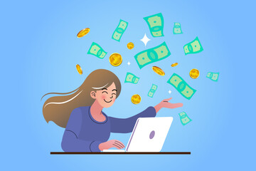 Woman using laptop surrounded by flying money, showing online business success and digital income.