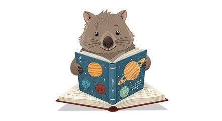 A wombat reading a book about planets and stars sitting on an open book on a white background