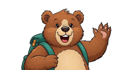 Cartoon bear with a green backpack waving its paw on a white background in a digital illustration