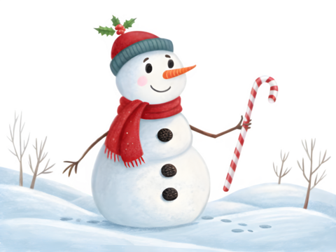 Joyful snowman holding a candy cane in a snowy winter landscape