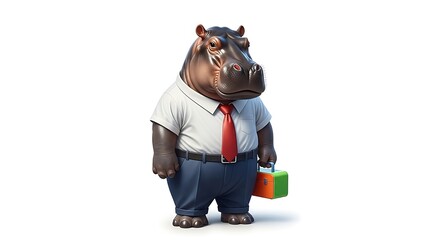 A hippopotamus dressed in business attire standing on a white background holding a lunchbox handle up