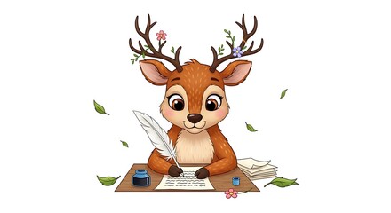 A cartoon deer writing with a feather quill on a table with flowers and leaves around it on white