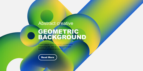 Naklejka premium Vibrant abstract shapes, fluid gradients, geometric design. Text overlay promotes further exploration. Modern, colorful composition.
