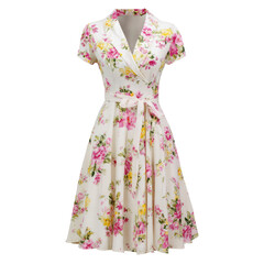 Obraz premium Elegant Floral Summer Dress with Short Sleeves and Waist Tie isolated on transparent white background, clipping path