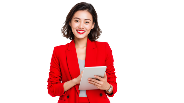 Smiling Person In Red Jacket Holding Tablet, Studio Portrait isolated on transparent background