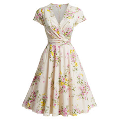 Obraz premium Elegant Floral Summer Dress with Short Sleeves and Waist Tie isolated on transparent white background, clipping path