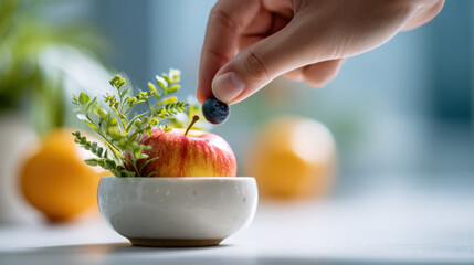 Closeup hand placing coin in apple bowl with plant symbolizing eco investment health growth sustainability savings and green living
