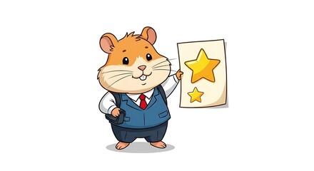 Cartoon hamster in business attire presenting a document with two stars drawn on it smiling