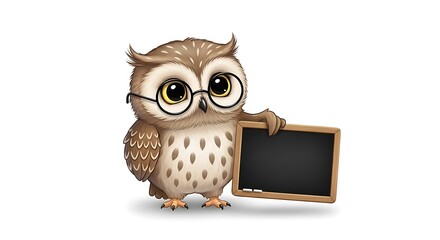 Cartoon owl wearing glasses holding a small blank chalkboard on a white background illustration