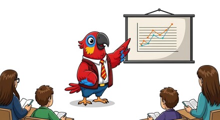 Cartoon parrot giving a presentation with students in a classroom with a chart on the screen